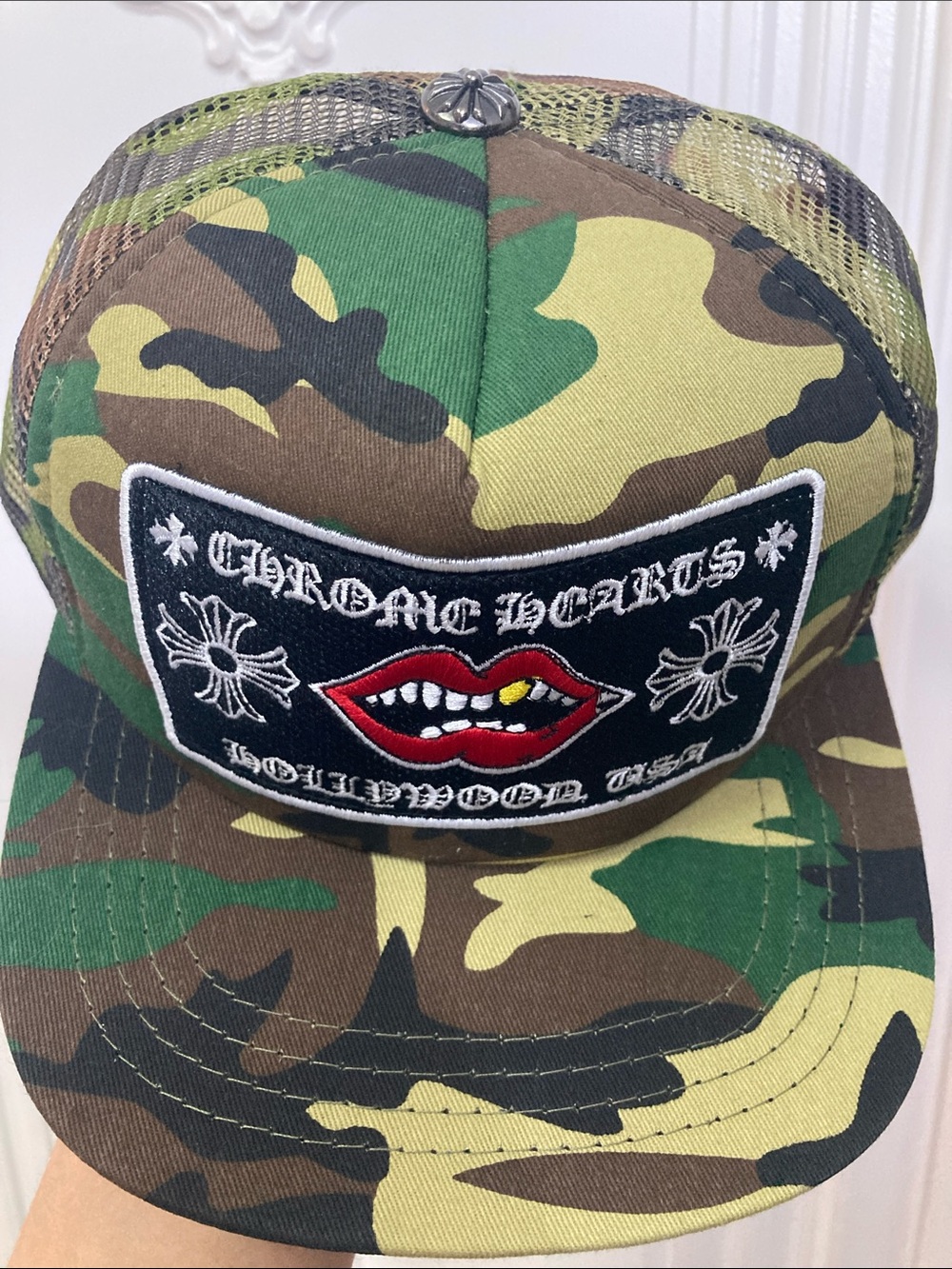Chrome Hearts Camouflage Trucker Hat with Red Lip Patch